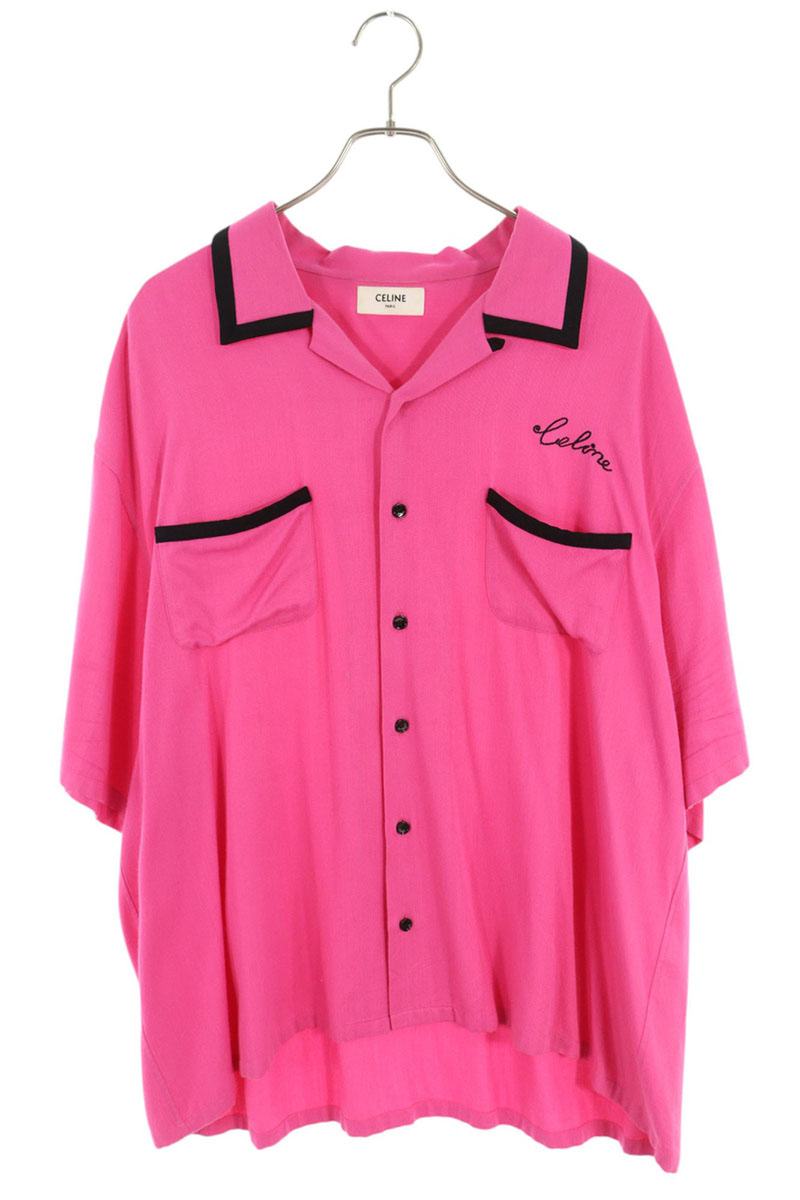CELINE Logo Embroidered Bowling SS Shirt Pink Size S