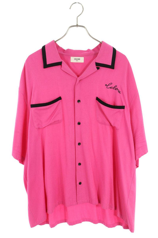 CELINE Logo Embroidered Bowling SS Shirt Pink Size S
