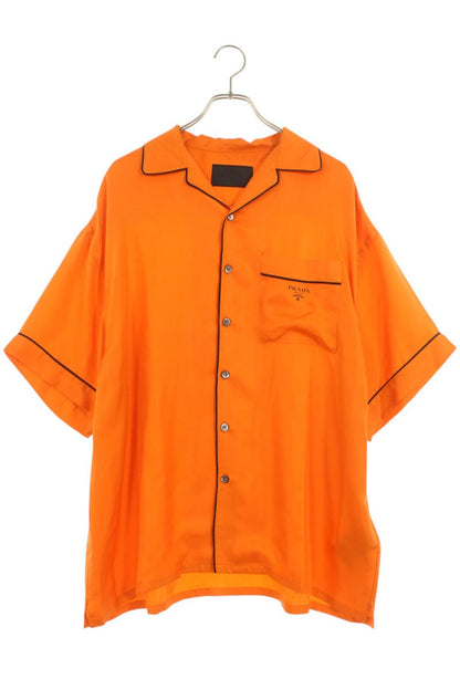 PRADA Logo Print Silk Short Sleeve Shirt Orange Size M