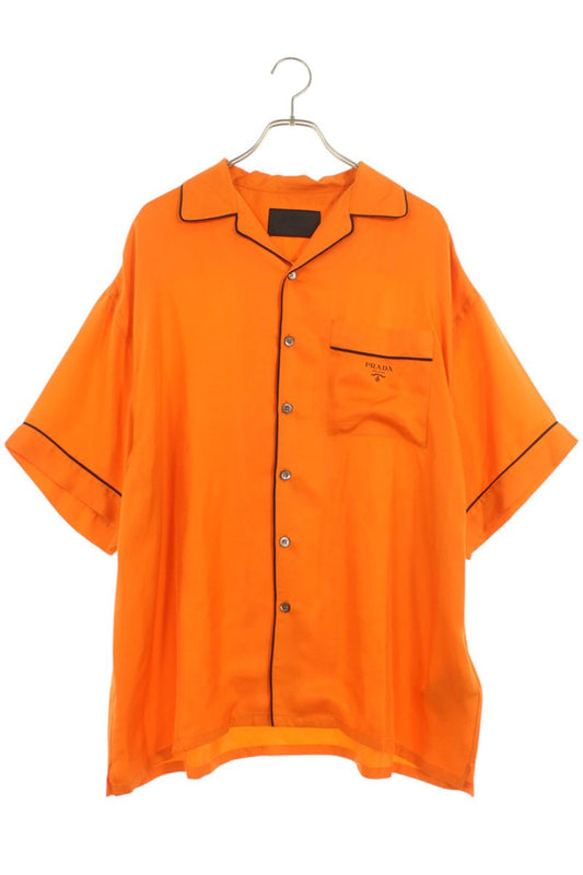 PRADA Logo Print Silk Short Sleeve Shirt Orange Size M