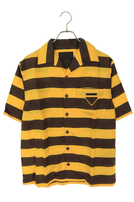 PRADA Border Silk Short Sleeve Shirt Yellow Brown Size XS