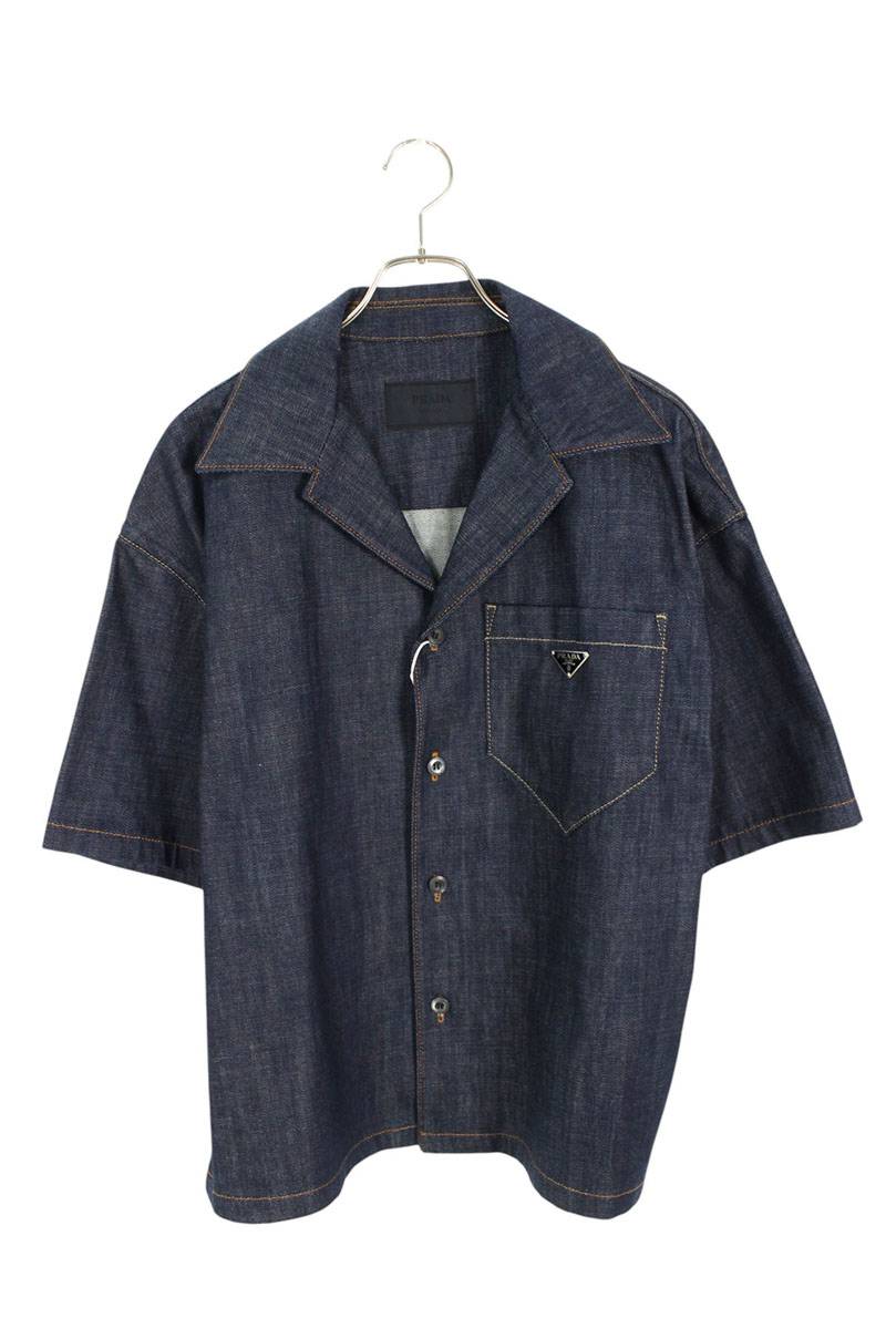 PRADA Triangle Plate Denim Short Sleeve Shirt Indigo Size M