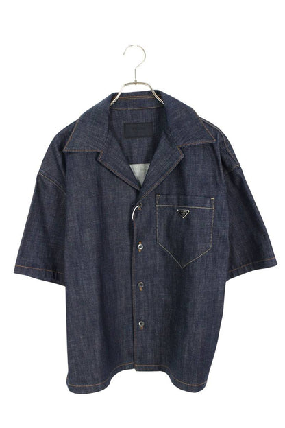 PRADA Triangle Plate Denim Short Sleeve Shirt Indigo Size M