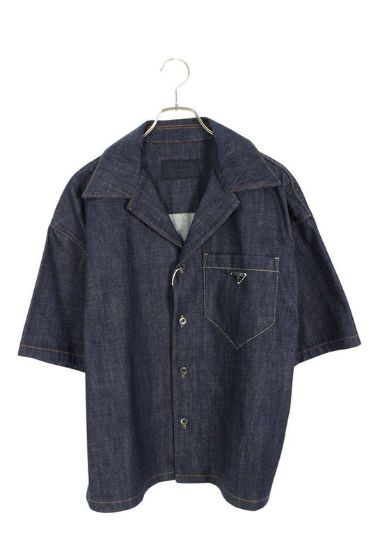 PRADA Triangle Plate Denim Short Sleeve Shirt Indigo Size M