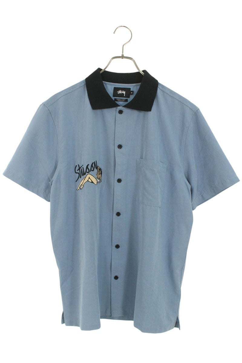 STUSSY Girl Logo Embroidered Short Sleeve Shirt Navy Size M