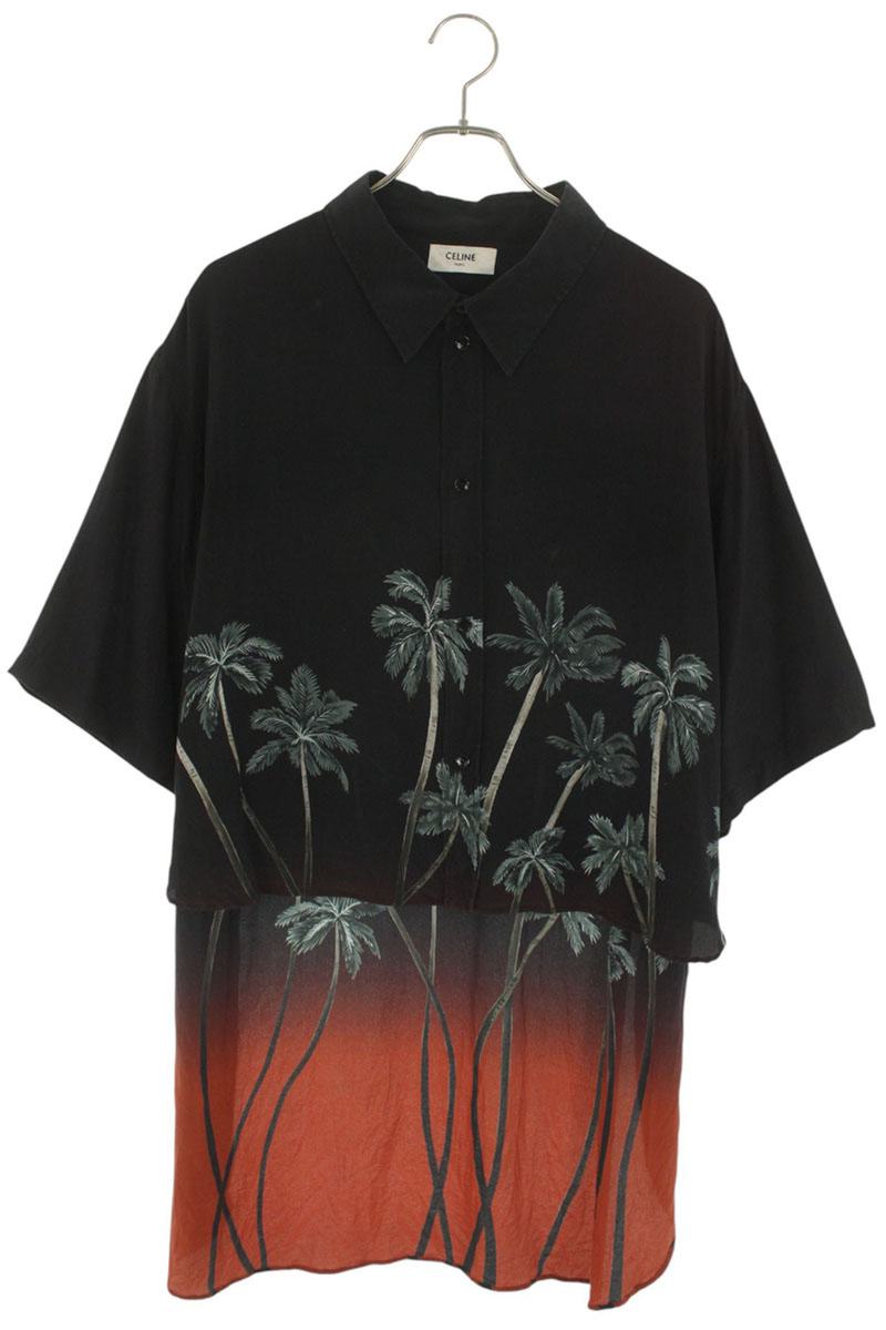 CELINE Silk Sunset Palm Tree Short Sleeve Shirt Black Size S