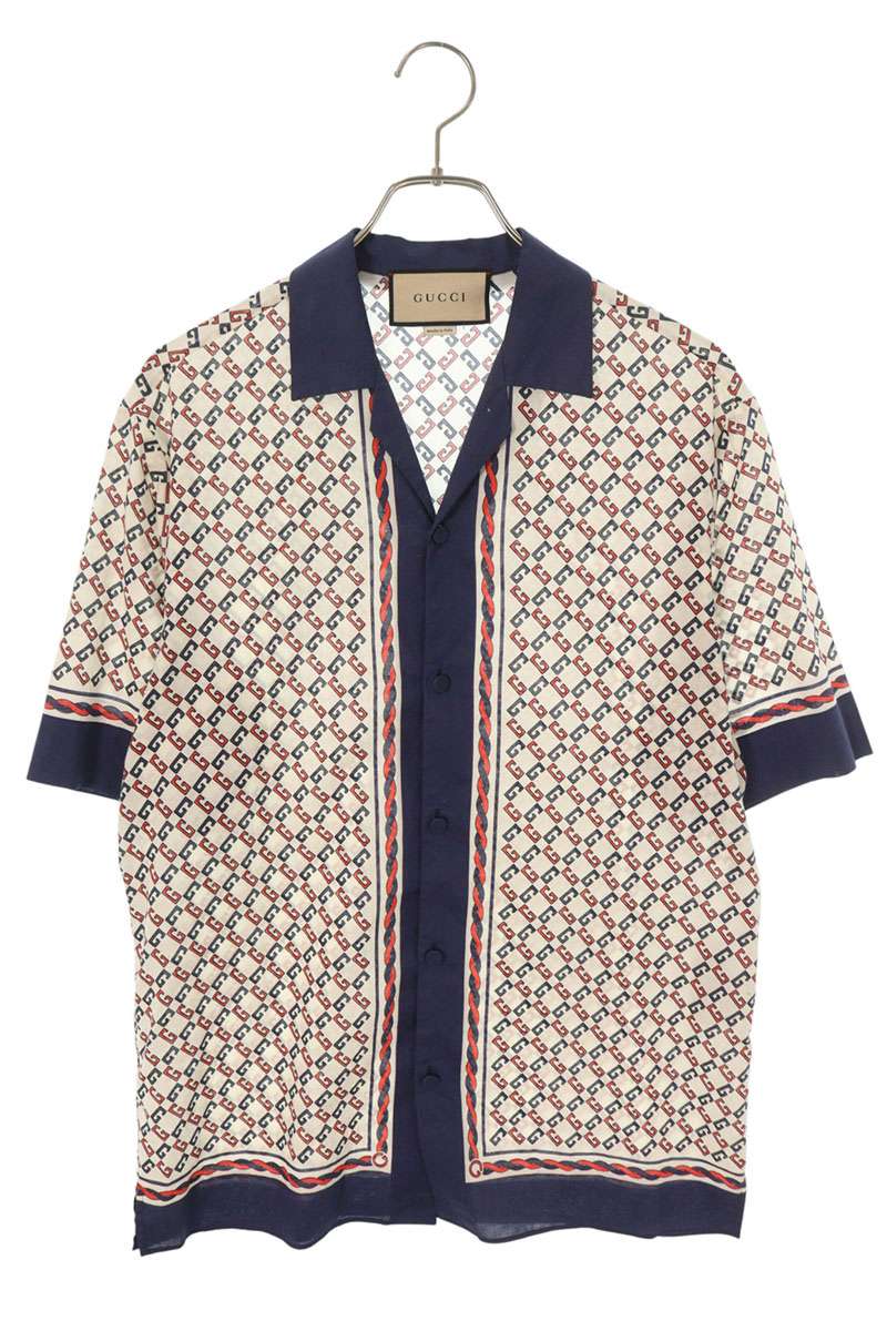 GUCCI All-Over Design Cotton Short Sleeve Shirt White Size S