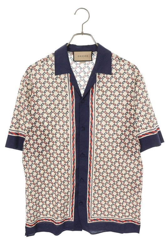 GUCCI All-Over Design Cotton Short Sleeve Shirt White Size S