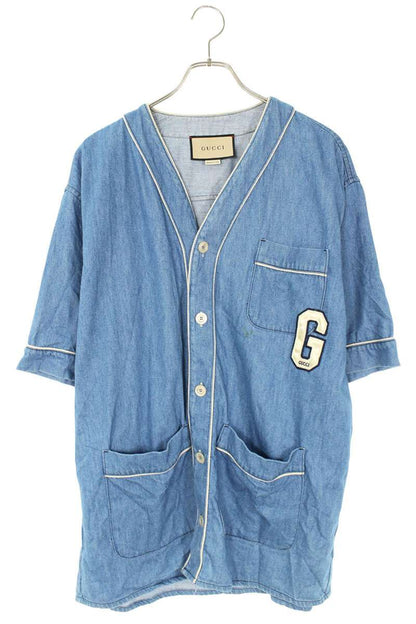 GUCCI Logo Embroidered Cotton Baseball Shirt Blue Size S