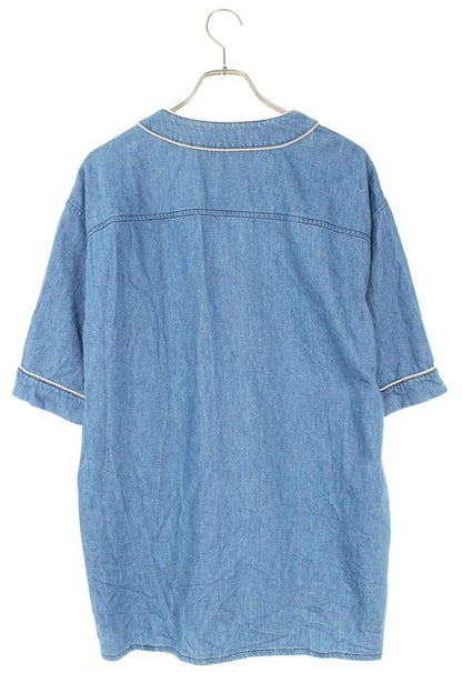 GUCCI Logo Embroidered Cotton Baseball Shirt Blue Size S