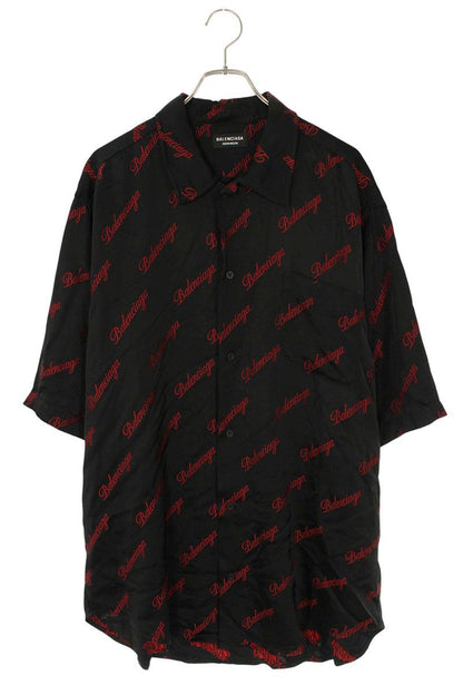 Balenciaga Logo All-Over Print Short Sleeve Shirt Black x Red Size 36