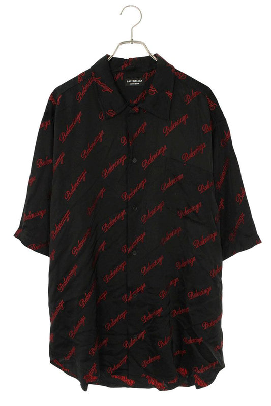 Balenciaga Logo All-Over Print Short Sleeve Shirt Black x Red Size 36
