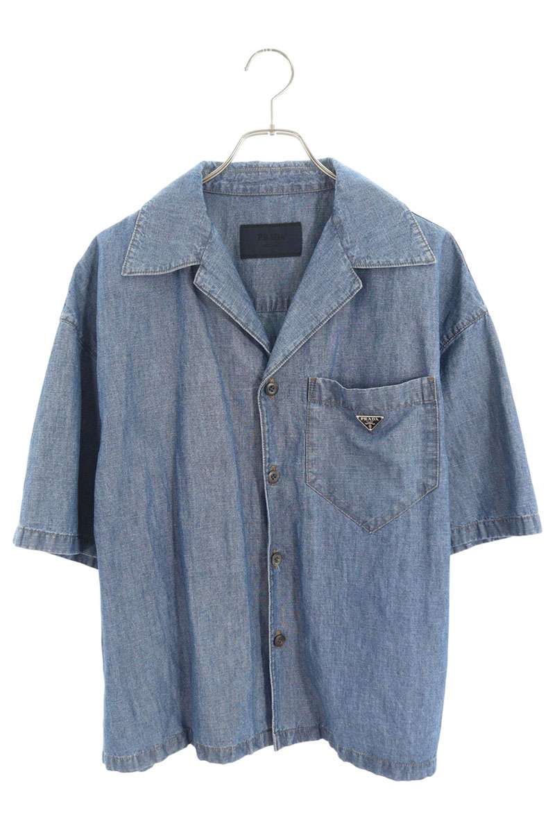 PRADA Triangle Logo Plate Chambray S/S Shirt Blue Size M