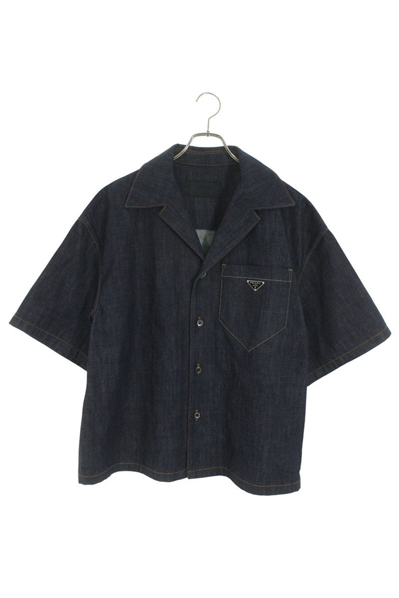 PRADA Triangle Logo Denim Short-Sleeve Shirt Size L
