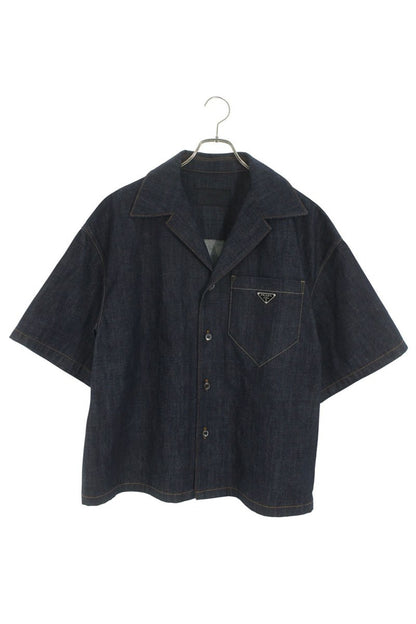PRADA Triangle Logo Denim Short-Sleeve Shirt Size L