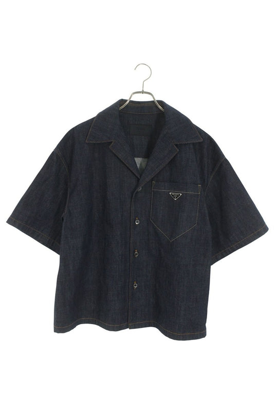 PRADA Triangle Logo Denim Short-Sleeve Shirt Size L