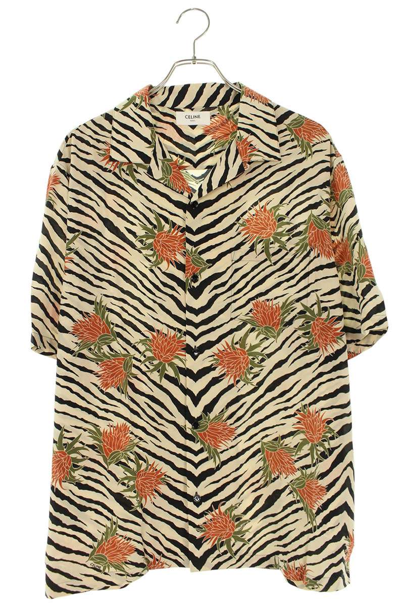 CELINE Beige Silk Floral Print Short Sleeve Shirt Size S