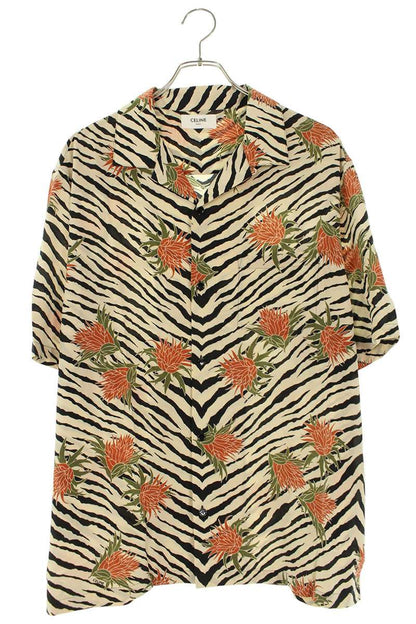 CELINE Beige Silk Floral Print Short Sleeve Shirt Size S