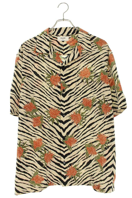 CELINE Beige Silk Floral Print Short Sleeve Shirt Size S