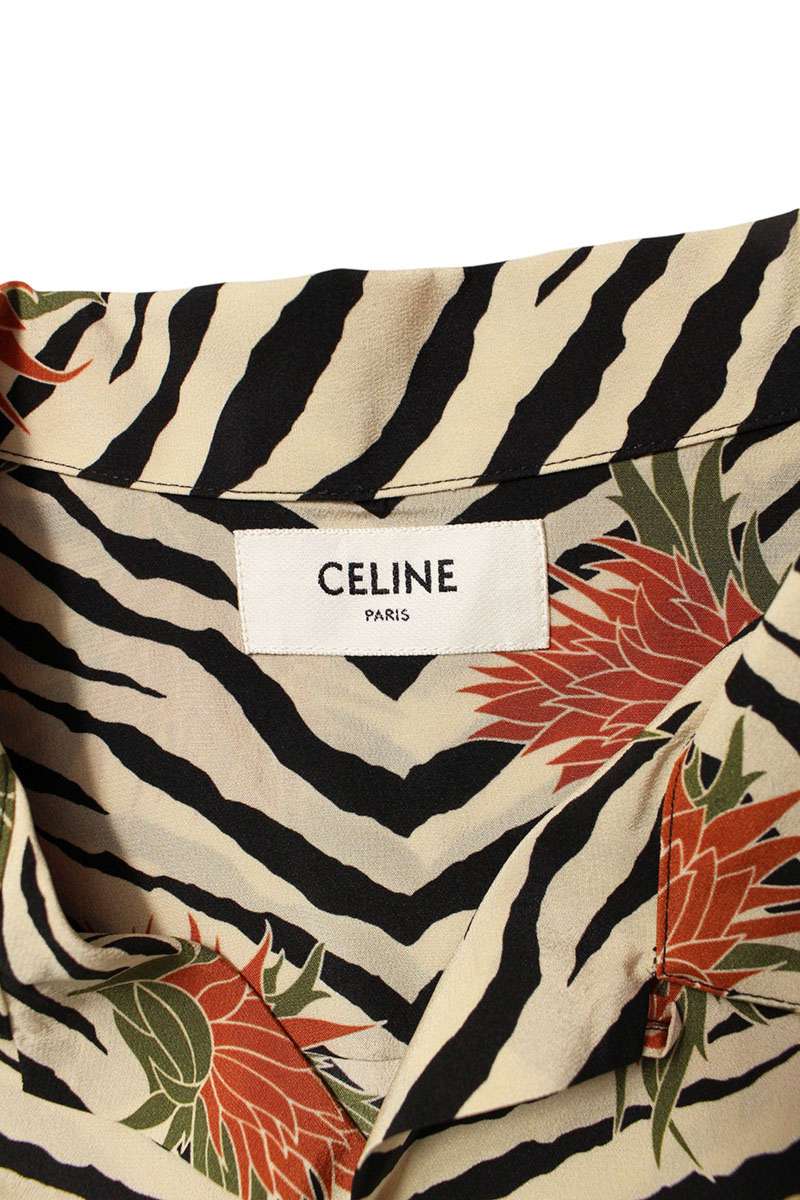 CELINE Beige Silk Floral Print Short Sleeve Shirt Size S