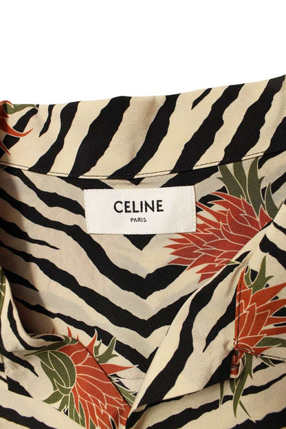 CELINE Beige Silk Floral Print Short Sleeve Shirt Size S
