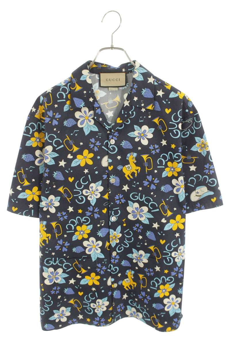 GUCCI Retro Flower Pony Print Bowling Cotton Shirt Size S