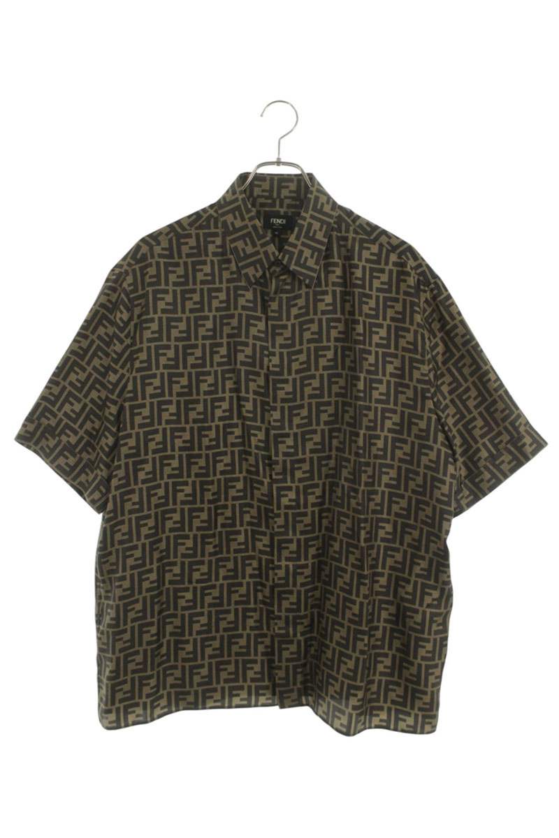 Fendi AKEE FF All-Over Print Silk Short Sleeve Shirt Brown x Black Size 41