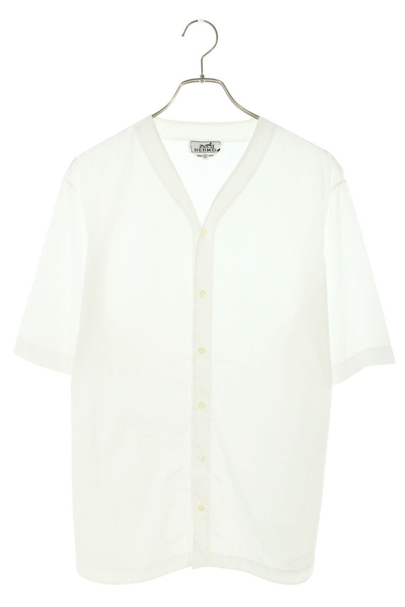 Hermes Collarless Cotton Short Sleeve Shirt White Size 42