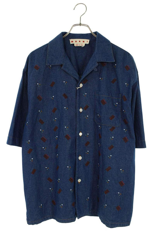MARNI Embroidered Denim Short Sleeve Shirt Blue Size L