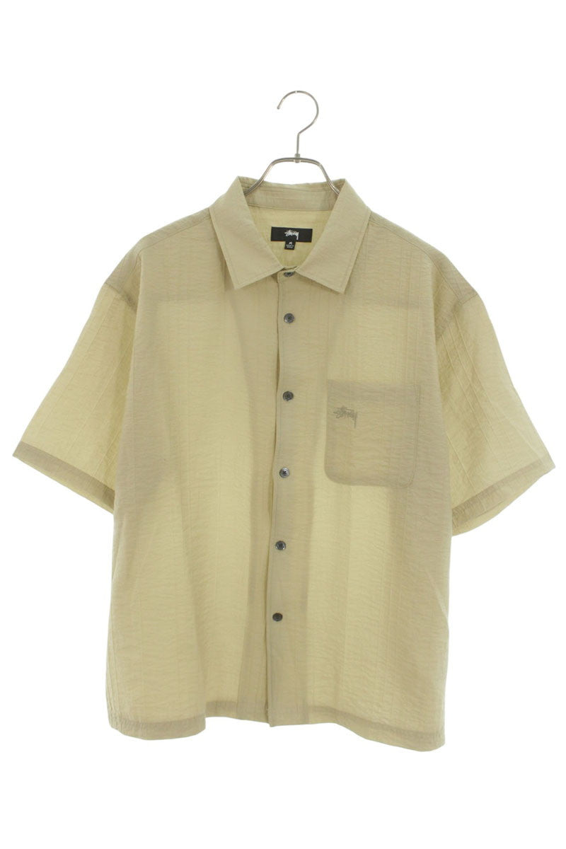 STUSSY Pleated Lyocell Nylon Short Sleeve Shirt Beige Size M