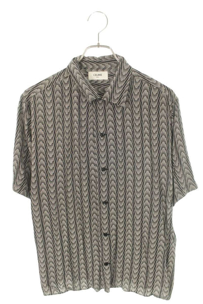 CELINE All-Over Pattern Open Collar Rayon Shirt Black Size S