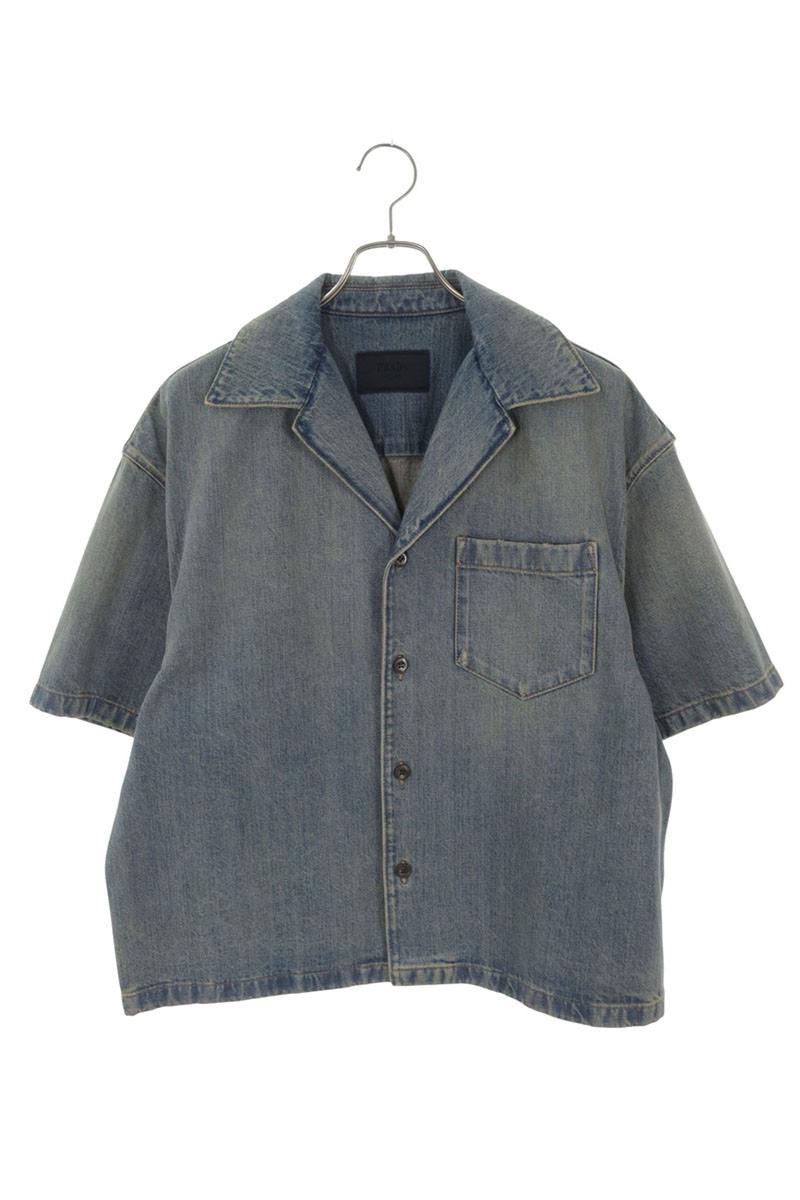 PRADA Indigo Denim Logo Patch Bowling S/S Shirt Size S