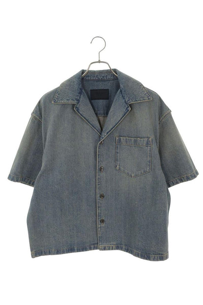 PRADA Indigo Denim Logo Patch Bowling S/S Shirt Size S
