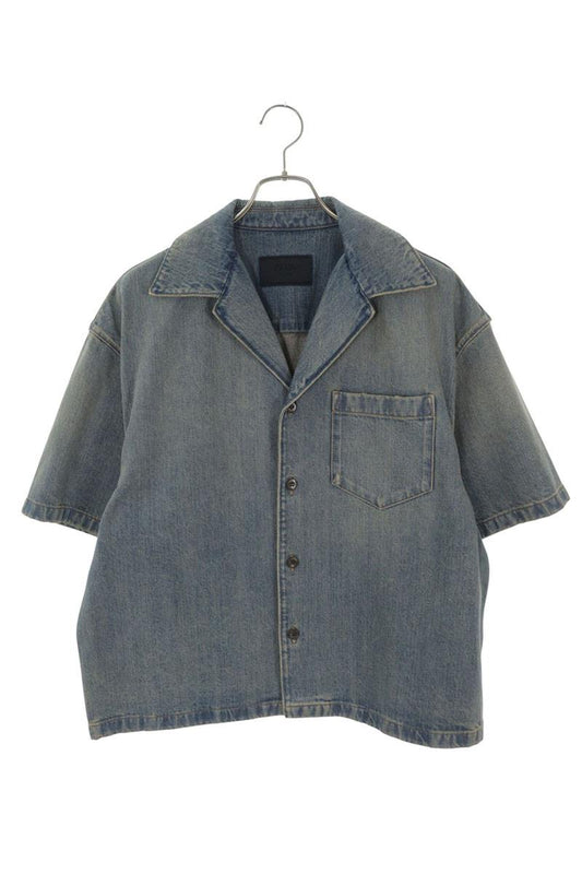 PRADA Indigo Denim Logo Patch Bowling S/S Shirt Size S
