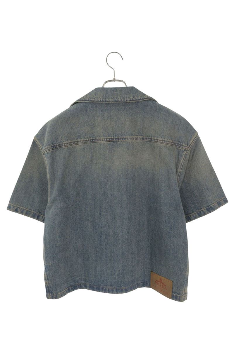 PRADA Indigo Denim Logo Patch Bowling S/S Shirt Size S