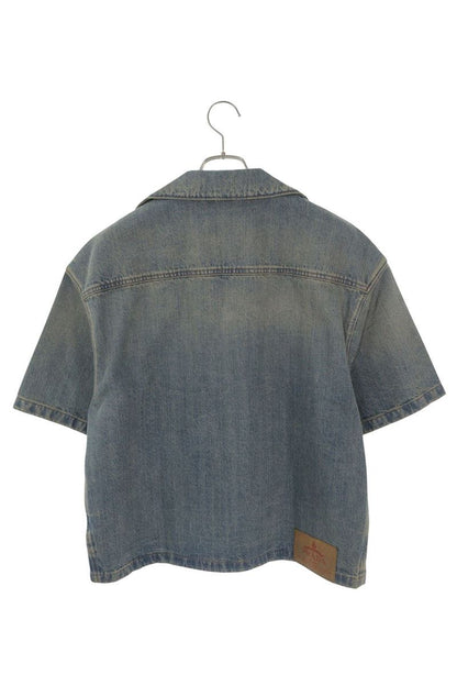 PRADA Indigo Denim Logo Patch Bowling S/S Shirt Size S