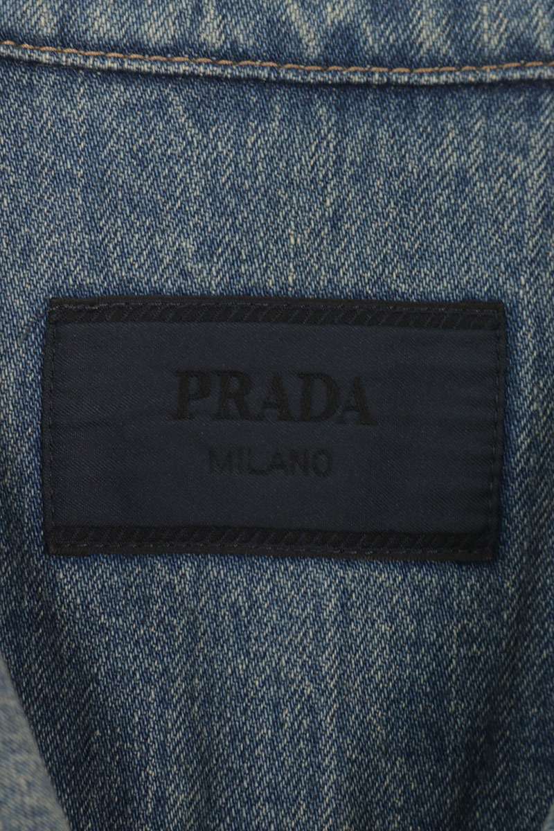 PRADA Indigo Denim Logo Patch Bowling S/S Shirt Size S