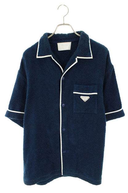 PRADA Triangle Plate Cotton Terry S/S Shirt Blue Size XXL