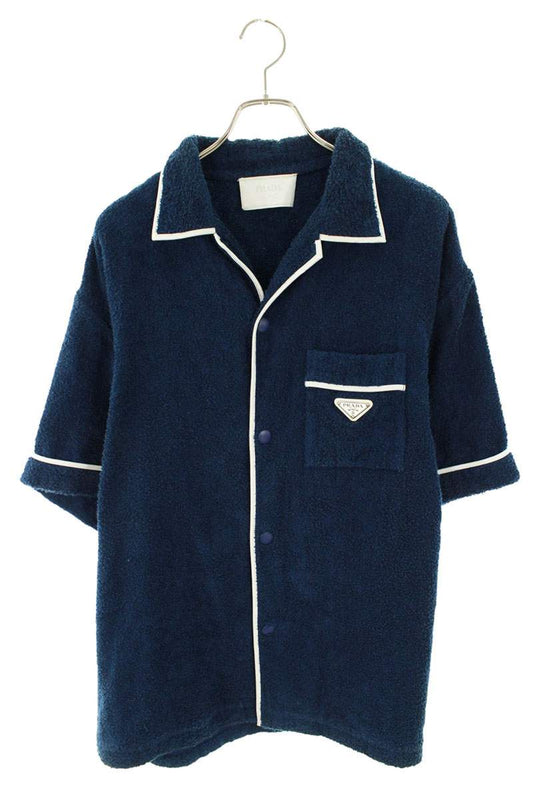 PRADA Triangle Plate Cotton Terry S/S Shirt Blue Size XXL