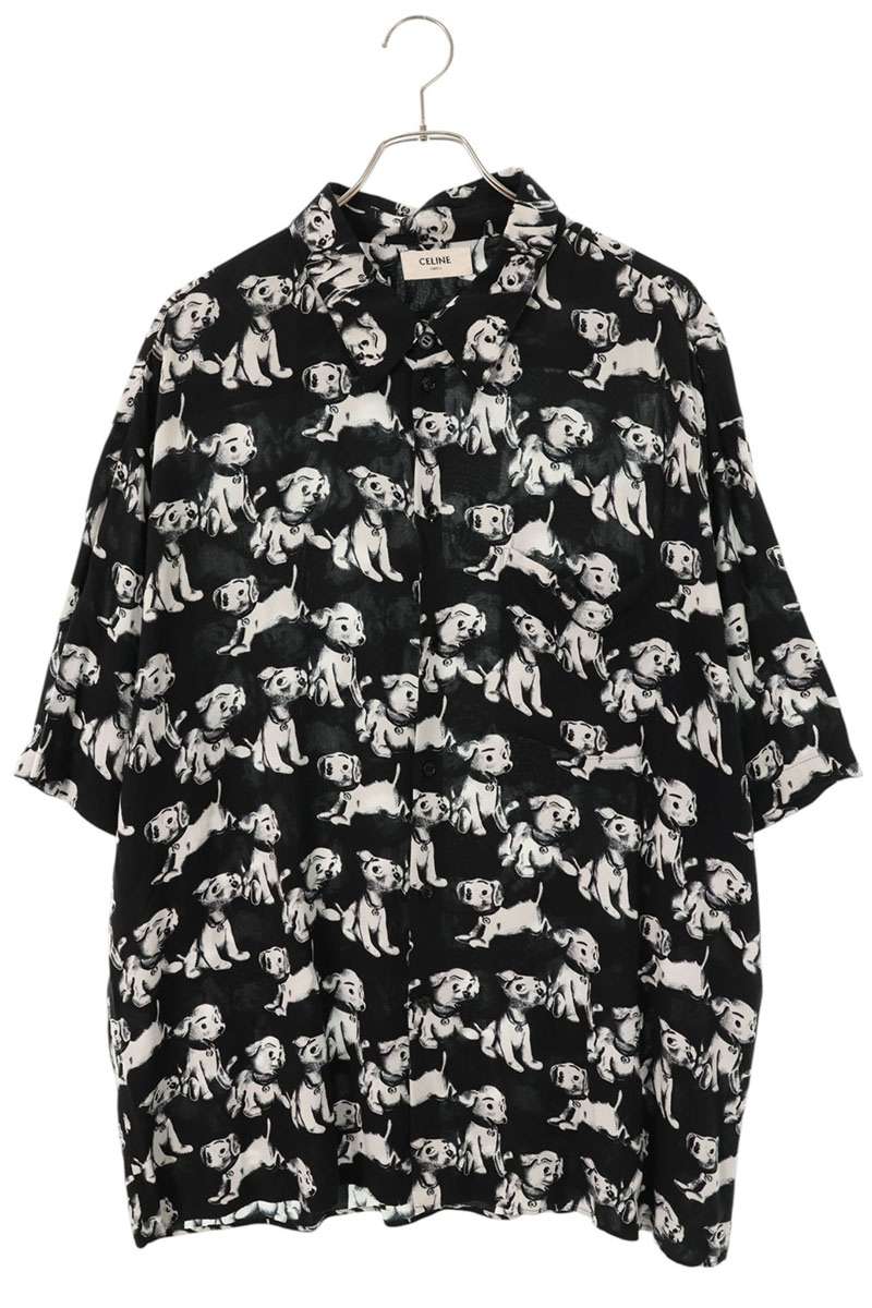 CELINE Black Rayon Puppy Print Open Collar S/S Shirt Size S