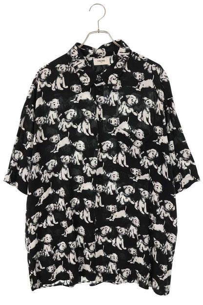 CELINE Black Rayon Puppy Print Open Collar S/S Shirt Size S