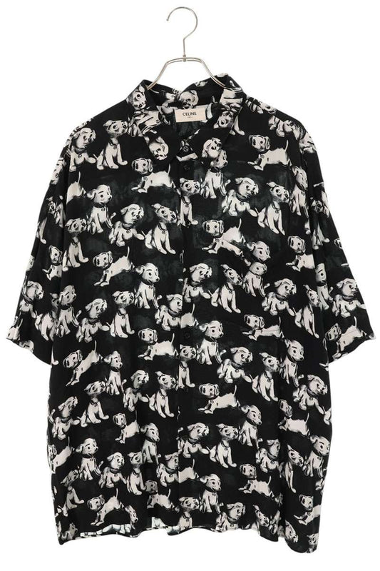 CELINE Black Rayon Puppy Print Open Collar S/S Shirt Size S