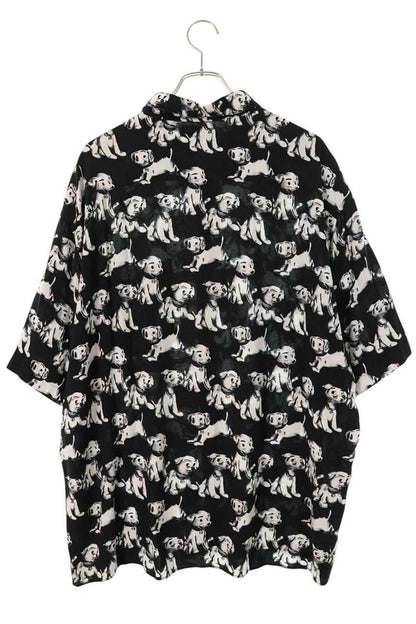 CELINE Black Rayon Puppy Print Open Collar S/S Shirt Size S