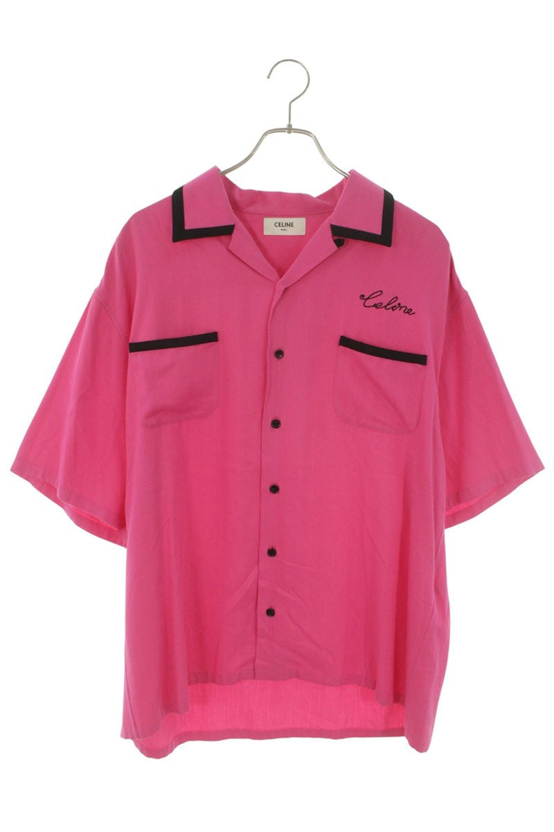 CELINE Pink Rayon Logo Embroidered Bowling S/S Shirt Size XL