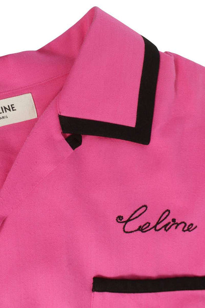 CELINE Pink Rayon Logo Embroidered Bowling S/S Shirt Size XL
