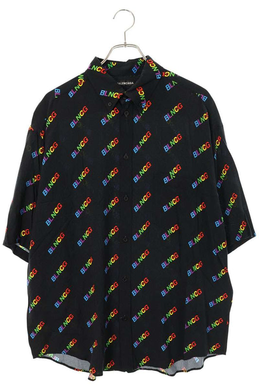 BALENCIAGA Multi Logo All-Over Rayon S/S Shirt Size XL