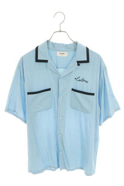 CELINE Logo Embroidered Bowling S/S Shirt Blue Size XXL