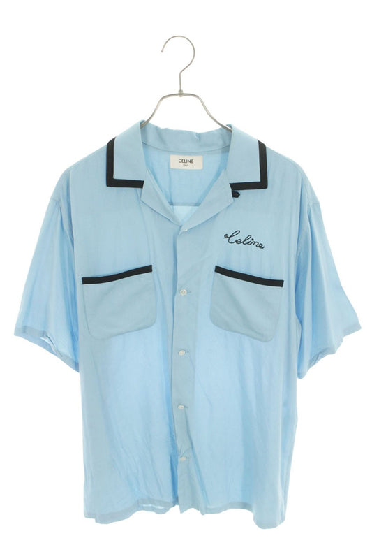 CELINE Logo Embroidered Bowling S/S Shirt Blue Size XXL