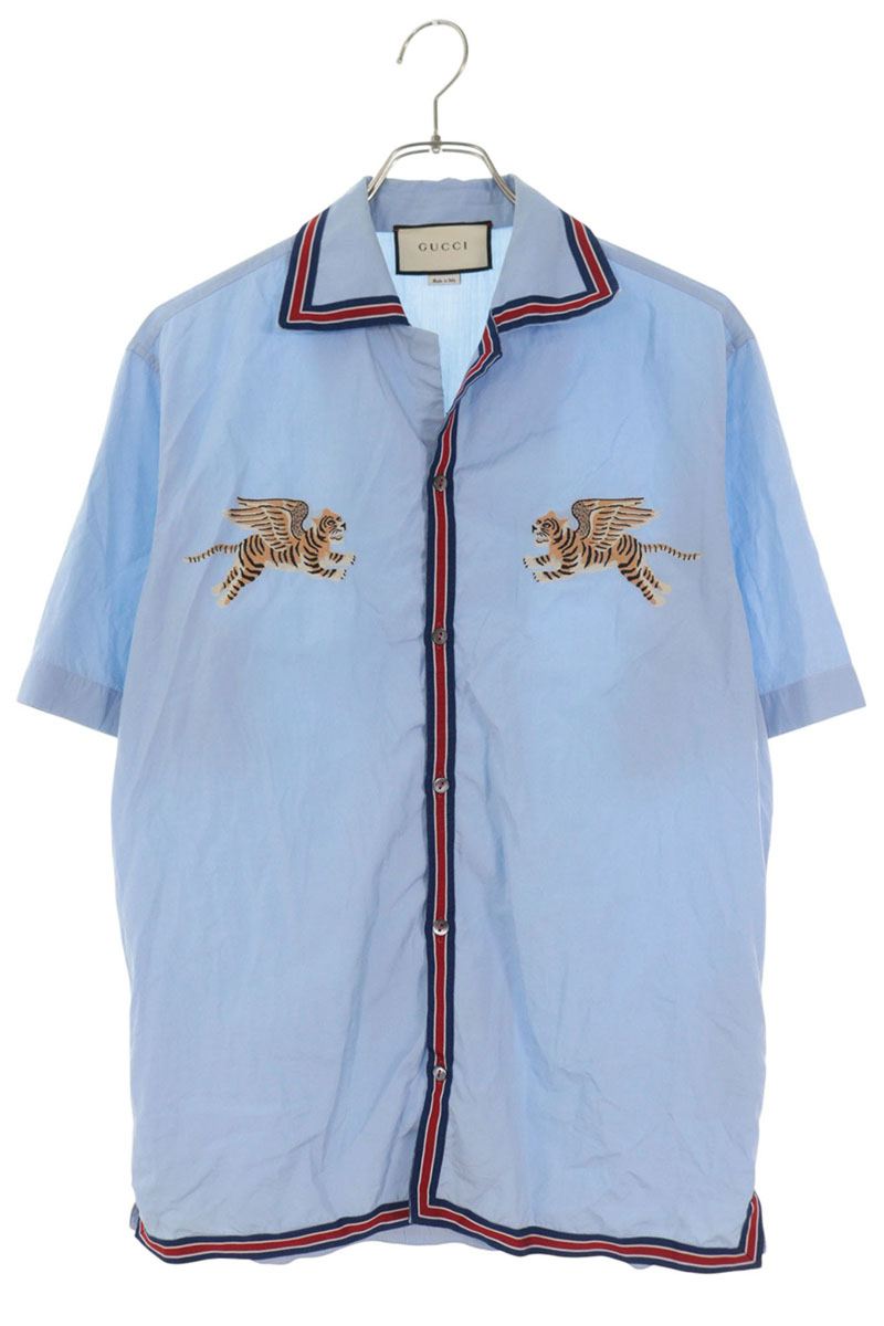 GUCCI Tiger Embroidered Open Collar S/S Shirt Blue Size S