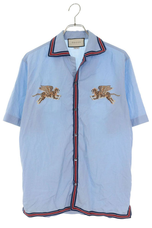 GUCCI Tiger Embroidered Open Collar S/S Shirt Blue Size S